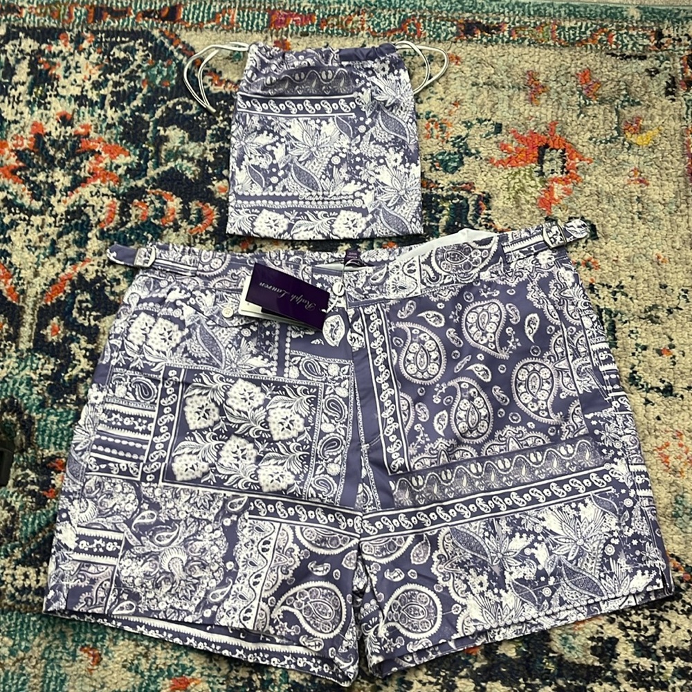 NWT Ralph Lauren Purple Label Paisley Swim Trunks Purple and White Size XL